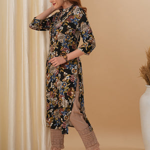 Floral Foil Printed Straight Fit Kurta - Black