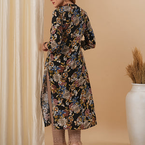 Floral Foil Printed Straight Fit Kurta - Black