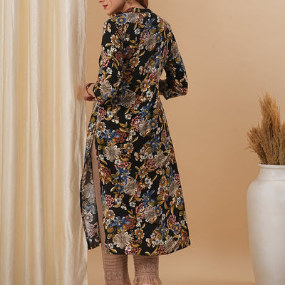 Floral Foil Printed Straight Fit Kurta - Black