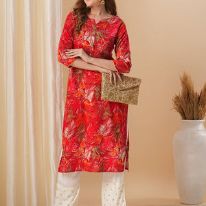 Abstract Floral Foil Printed Straight Fit Kurta - Red