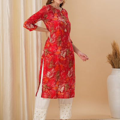 Abstract Floral Foil Printed Straight Fit Kurta - Red