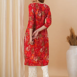 Abstract Floral Foil Printed Straight Fit Kurta - Red