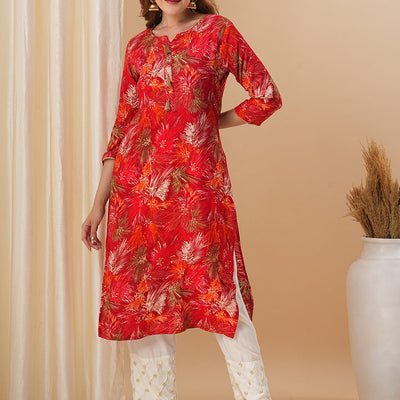Abstract Floral Foil Printed Straight Fit Kurta - Red