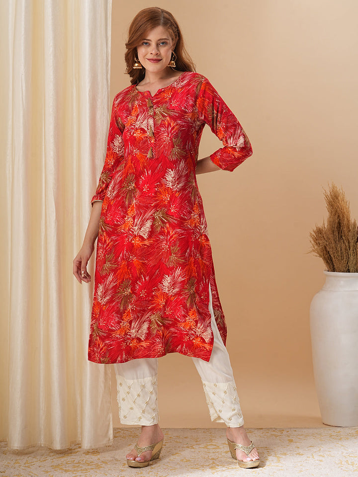 Abstract Floral Foil Printed Straight Fit Kurta - Red