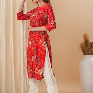 Abstract Floral Foil Printed Straight Fit Kurta - Red