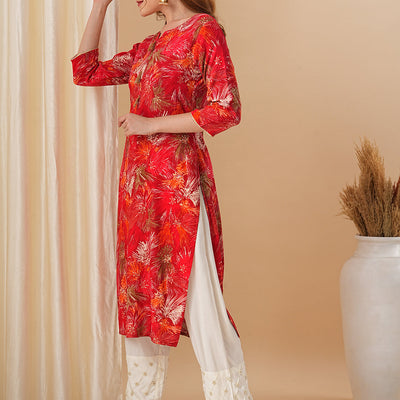 Abstract Floral Foil Printed Straight Fit Kurta - Red