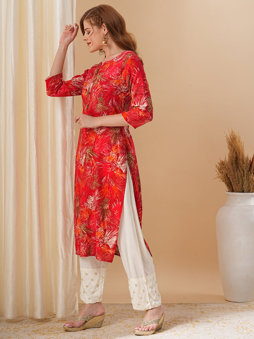 Abstract Floral Foil Printed Straight Fit Kurta - Red