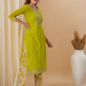 Floral Embroidered Solid Straight Fit Kurta with Printed Palazzo - Lime Green
