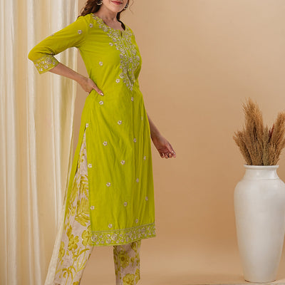 Floral Embroidered Solid Straight Fit Kurta with Printed Palazzo - Lime Green