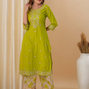 Floral Embroidered Solid Straight Fit Kurta with Printed Palazzo - Lime Green