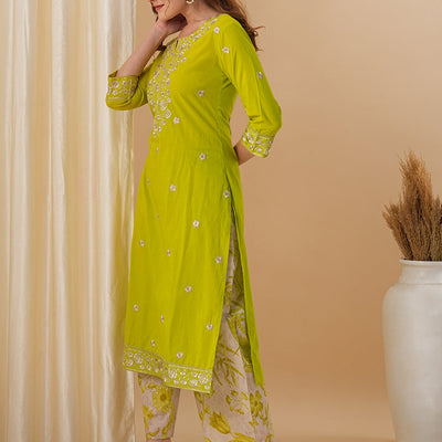 Floral Embroidered Solid Straight Fit Kurta with Printed Palazzo - Lime Green