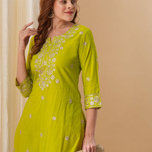 Floral Embroidered Solid Straight Fit Kurta with Printed Palazzo - Lime Green