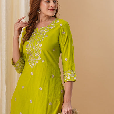 Floral Embroidered Solid Straight Fit Kurta with Printed Palazzo - Lime Green