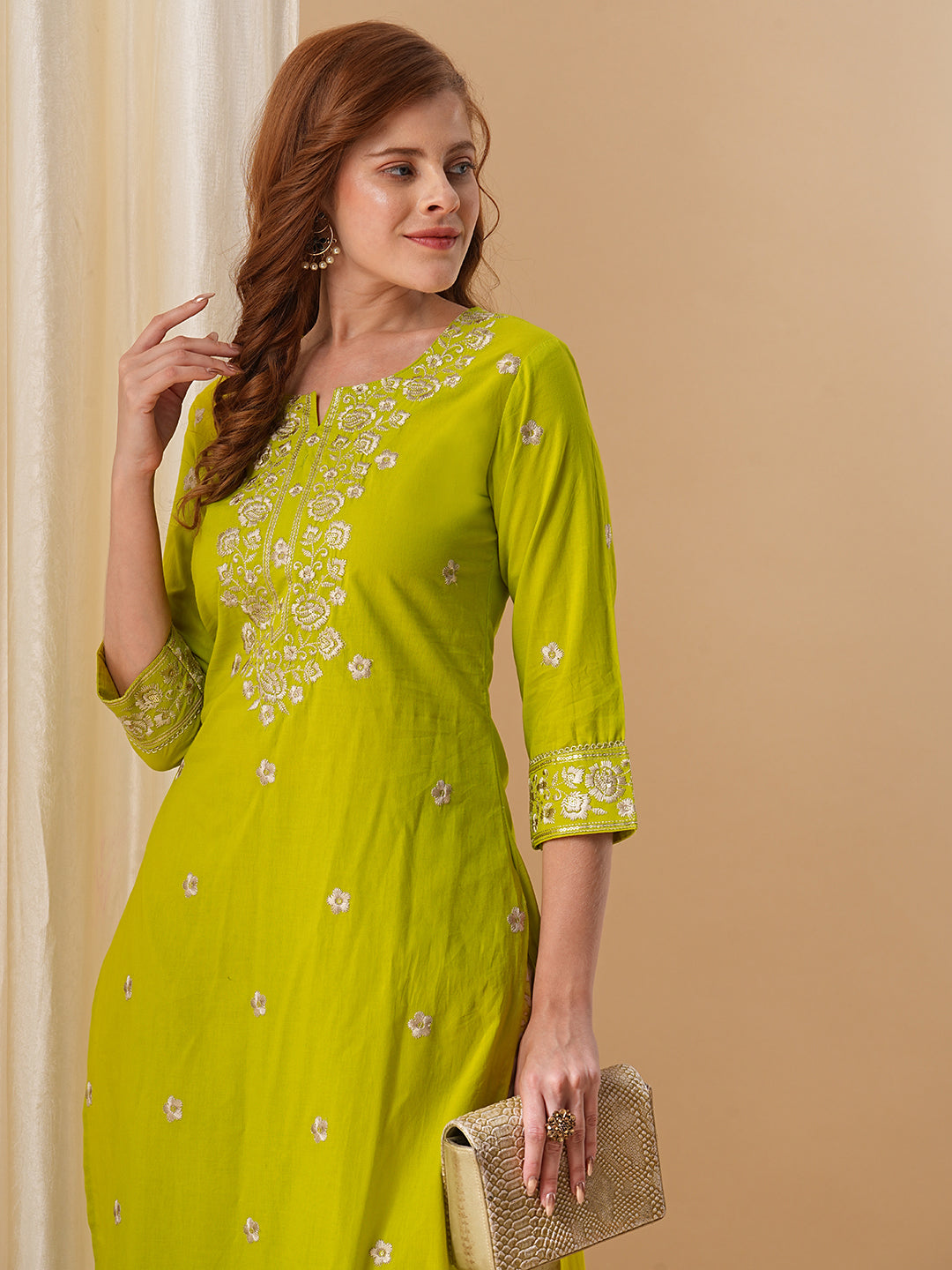 Floral Embroidered Solid Straight Fit Kurta with Printed Palazzo - Lime Green