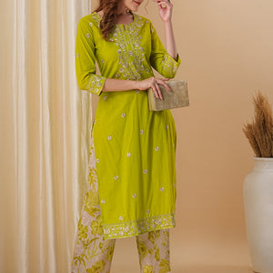 Floral Embroidered Solid Straight Fit Kurta with Printed Palazzo - Lime Green