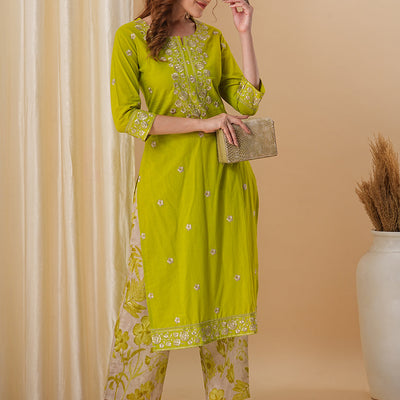 Floral Embroidered Solid Straight Fit Kurta with Printed Palazzo - Lime Green