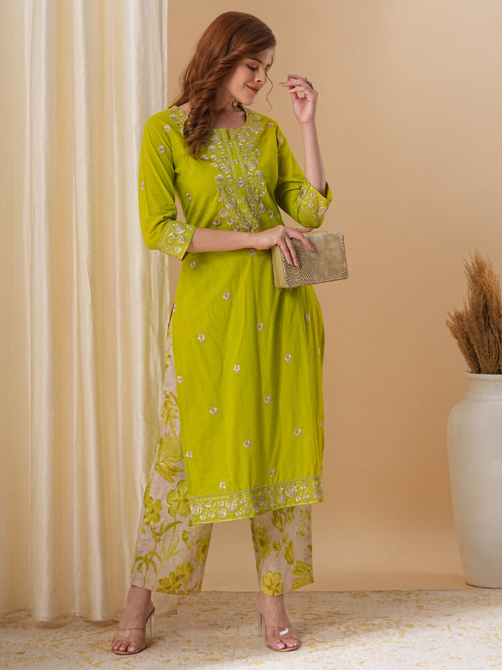 Floral Embroidered Solid Straight Fit Kurta with Printed Palazzo - Lime Green