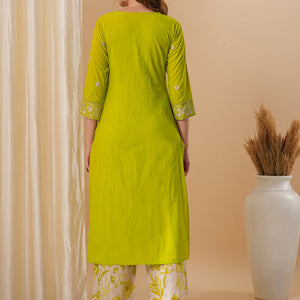 Floral Embroidered Solid Straight Fit Kurta with Printed Palazzo - Lime Green