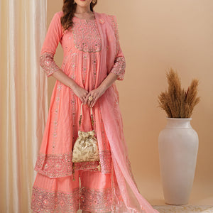 Floral Embroidered Anarkali Kurta with Palazzo & Organza Dupatta - Peach