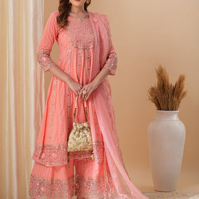 Floral Embroidered Anarkali Kurta with Palazzo & Organza Dupatta - Peach