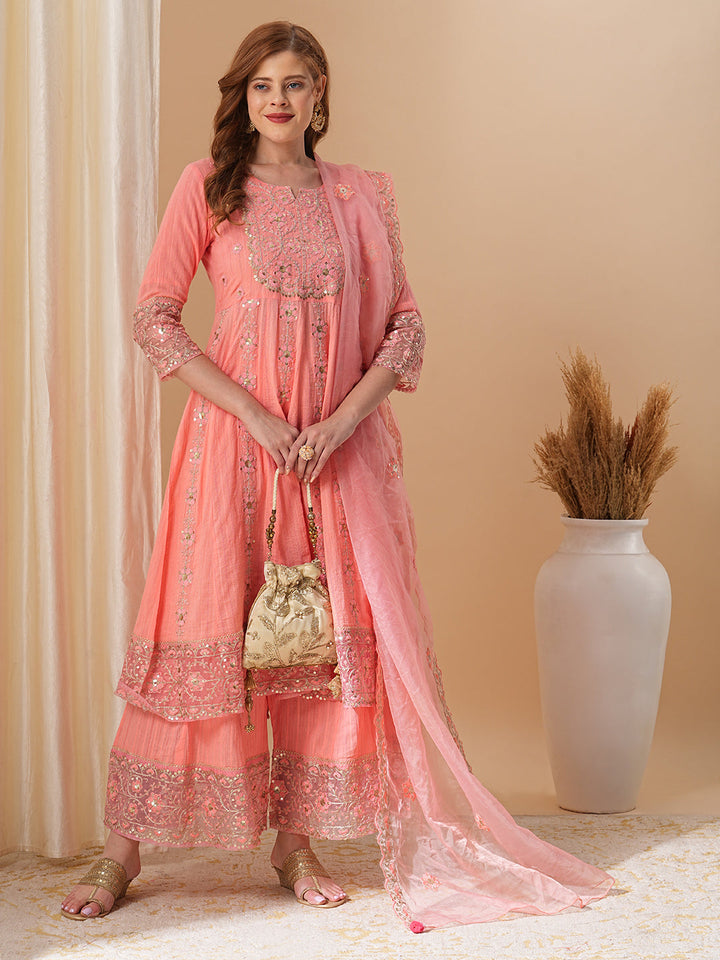 Floral Embroidered Anarkali Kurta with Palazzo & Organza Dupatta - Peach