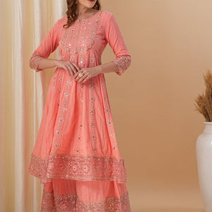 Floral Embroidered Anarkali Kurta with Palazzo & Organza Dupatta - Peach