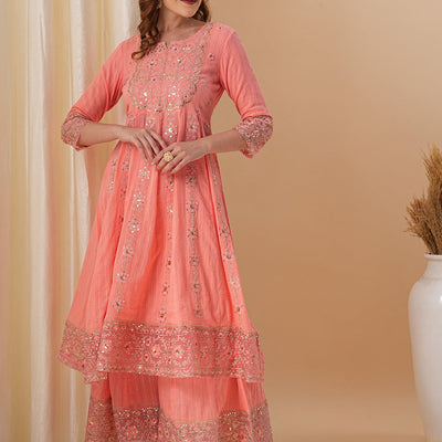 Floral Embroidered Anarkali Kurta with Palazzo & Organza Dupatta - Peach