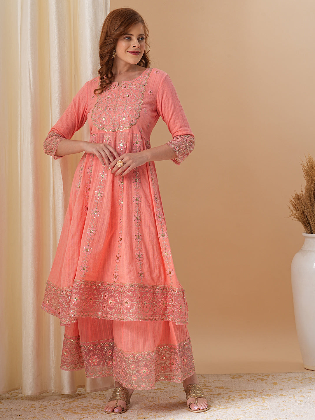 Floral Embroidered Anarkali Kurta with Palazzo & Organza Dupatta - Peach