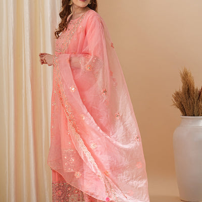 Floral Embroidered Anarkali Kurta with Palazzo & Organza Dupatta - Peach
