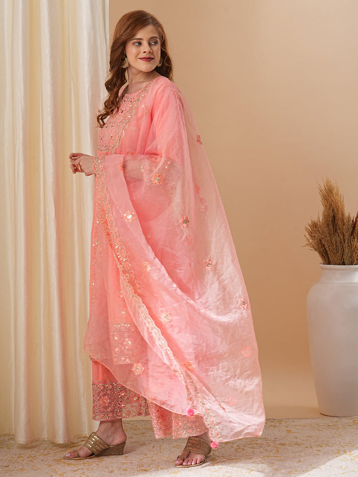 Floral Embroidered Anarkali Kurta with Palazzo & Organza Dupatta - Peach