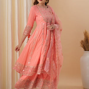 Floral Embroidered Anarkali Kurta with Palazzo & Organza Dupatta - Peach