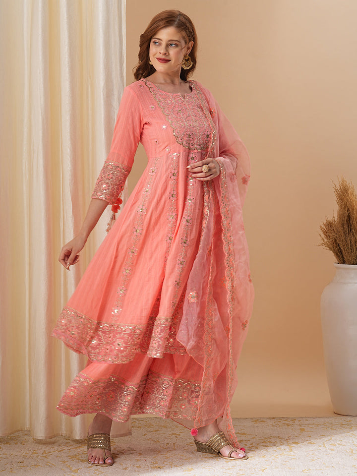 Floral Embroidered Anarkali Kurta with Palazzo & Organza Dupatta - Peach