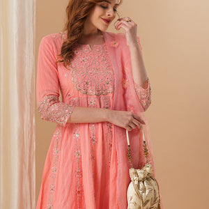 Floral Embroidered Anarkali Kurta with Palazzo & Organza Dupatta - Peach