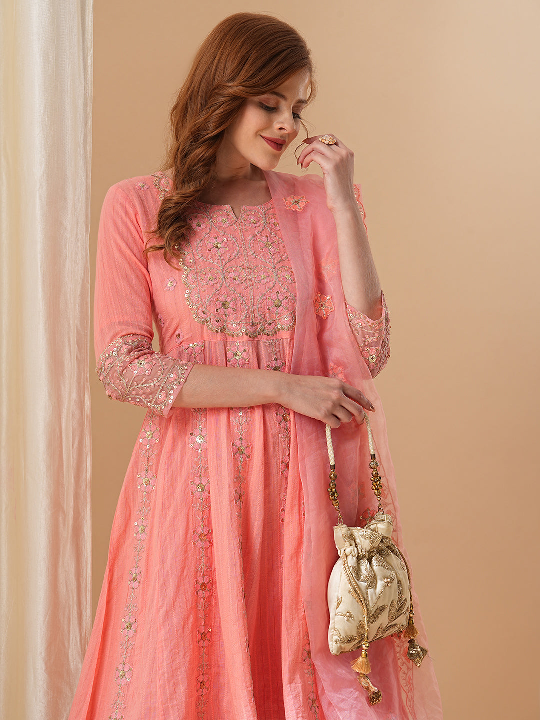 Floral Embroidered Anarkali Kurta with Palazzo & Organza Dupatta - Peach