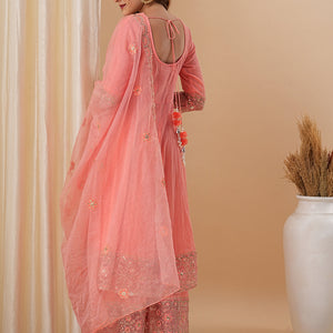 Floral Embroidered Anarkali Kurta with Palazzo & Organza Dupatta - Peach