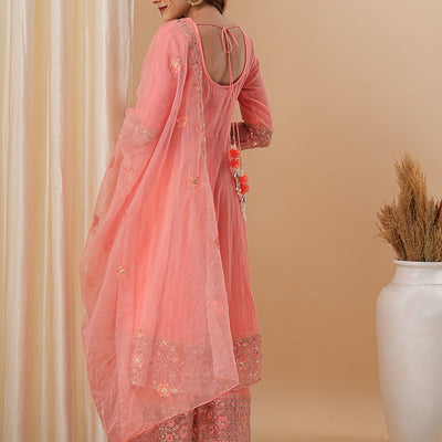 Floral Embroidered Anarkali Kurta with Palazzo & Organza Dupatta - Peach