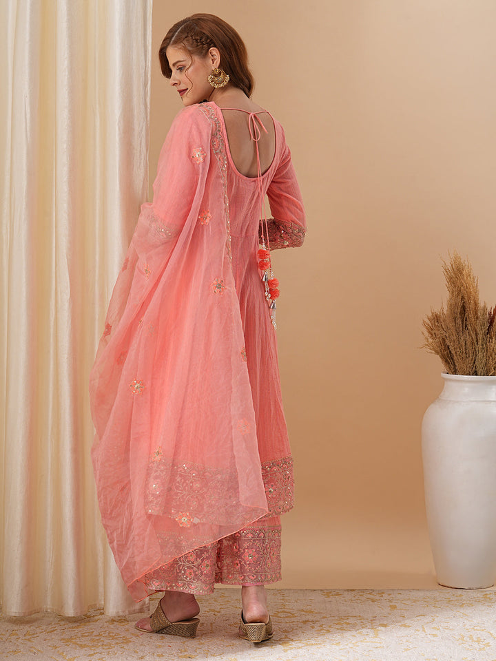 Floral Embroidered Anarkali Kurta with Palazzo & Organza Dupatta - Peach