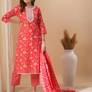 Floral Printed & Embroidered Straight Kurta with Pant & Dupatta - Red