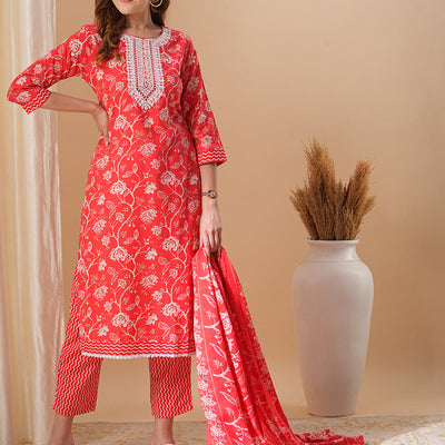 Floral Printed & Embroidered Straight Kurta with Pant & Dupatta - Red