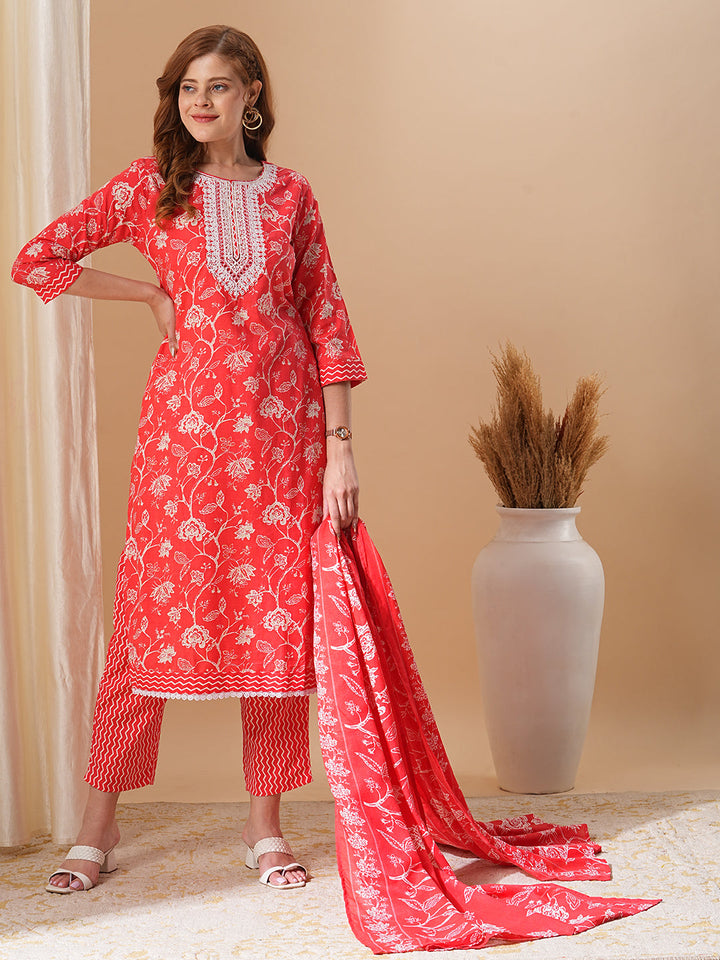 Floral Printed & Embroidered Straight Kurta with Pant & Dupatta - Red