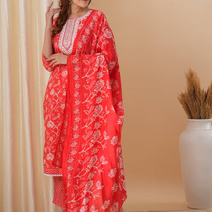 Floral Printed & Embroidered Straight Kurta with Pant & Dupatta - Red