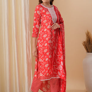 Floral Printed & Embroidered Straight Kurta with Pant & Dupatta - Red
