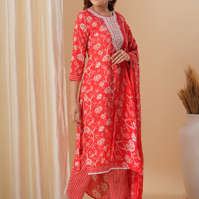 Floral Printed & Embroidered Straight Kurta with Pant & Dupatta - Red