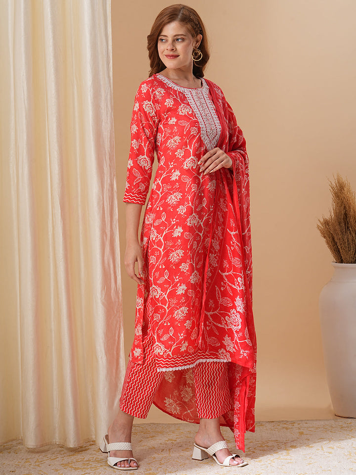 Floral Printed & Embroidered Straight Kurta with Pant & Dupatta - Red