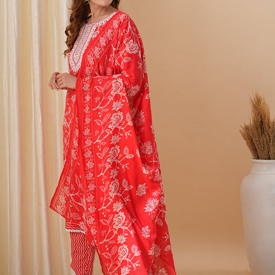 Floral Printed & Embroidered Straight Kurta with Pant & Dupatta - Red