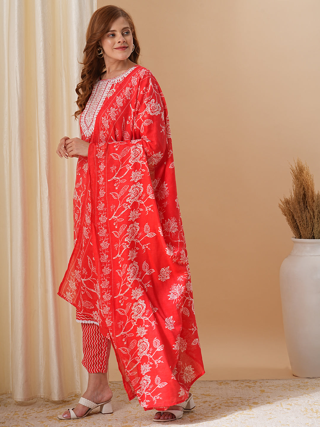 Floral Printed & Embroidered Straight Kurta with Pant & Dupatta - Red