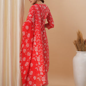 Floral Printed & Embroidered Straight Kurta with Pant & Dupatta - Red