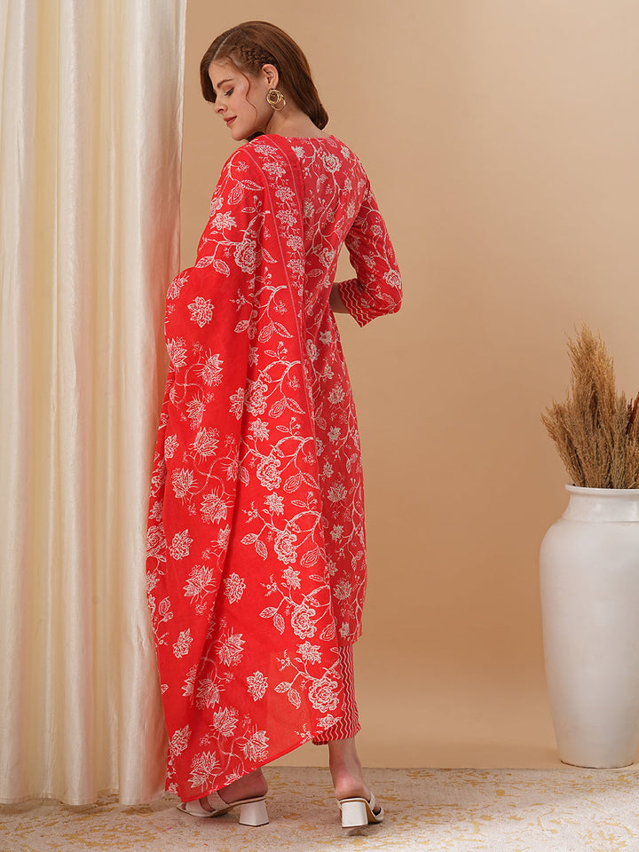 Floral Printed & Embroidered Straight Kurta with Pant & Dupatta - Red