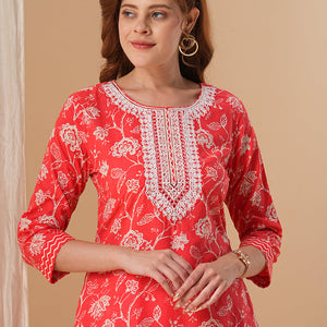 Floral Printed & Embroidered Straight Kurta with Pant & Dupatta - Red