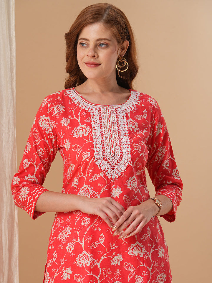 Floral Printed & Embroidered Straight Kurta with Pant & Dupatta - Red